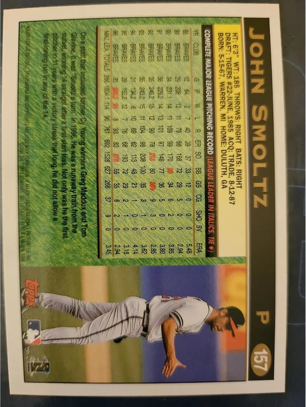 John Smoltz - HOF - 1997 Topps #157 - Braves - RAW mint - Picture 2 of 2